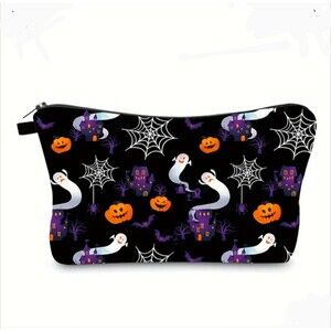Halloween make up‎ bag with pumpkins spiders and ghost 8.5/5.5"